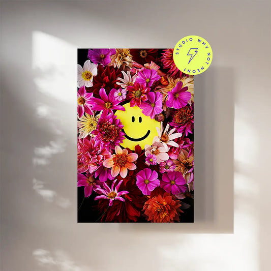 Modernes Wandbild mit Blumen und neon Smiley auf Alu Dibond oder gerahmt im neon Rahmen als hochwertigen Kunstdruck für das Wohnzimmer bestellen