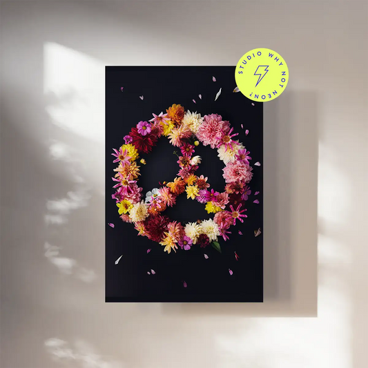 Modernes Wandbild mit Peace Symbol aus Blumen auf Alu Dibond oder gerahmt im neon Rahmen als hochwertigen Kunstdruck für das Wohnzimmer bestellen