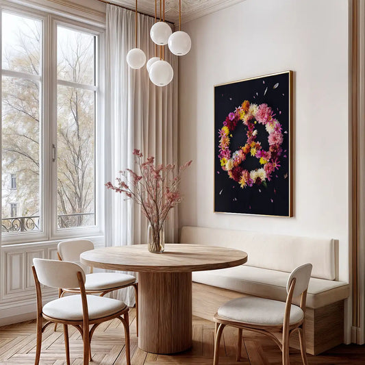 Modernes Wandbild mit Blumen und neon Peace Symbol auf Alu Dibond oder gerahmt als hochwertigen Kunstdruck für das Wohnzimmer bestellen