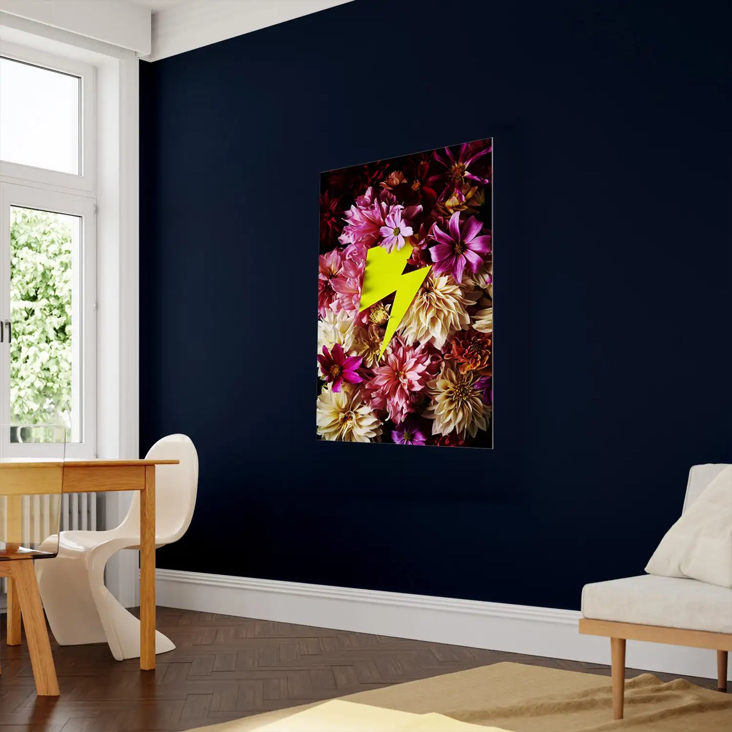 Modernes Wandbild mit Blumen und neon Blitz auf Alu Dibond oder gerahmt im neon Rahmen als hochwertigen Kunstdruck für das Wohnzimmer bestellen